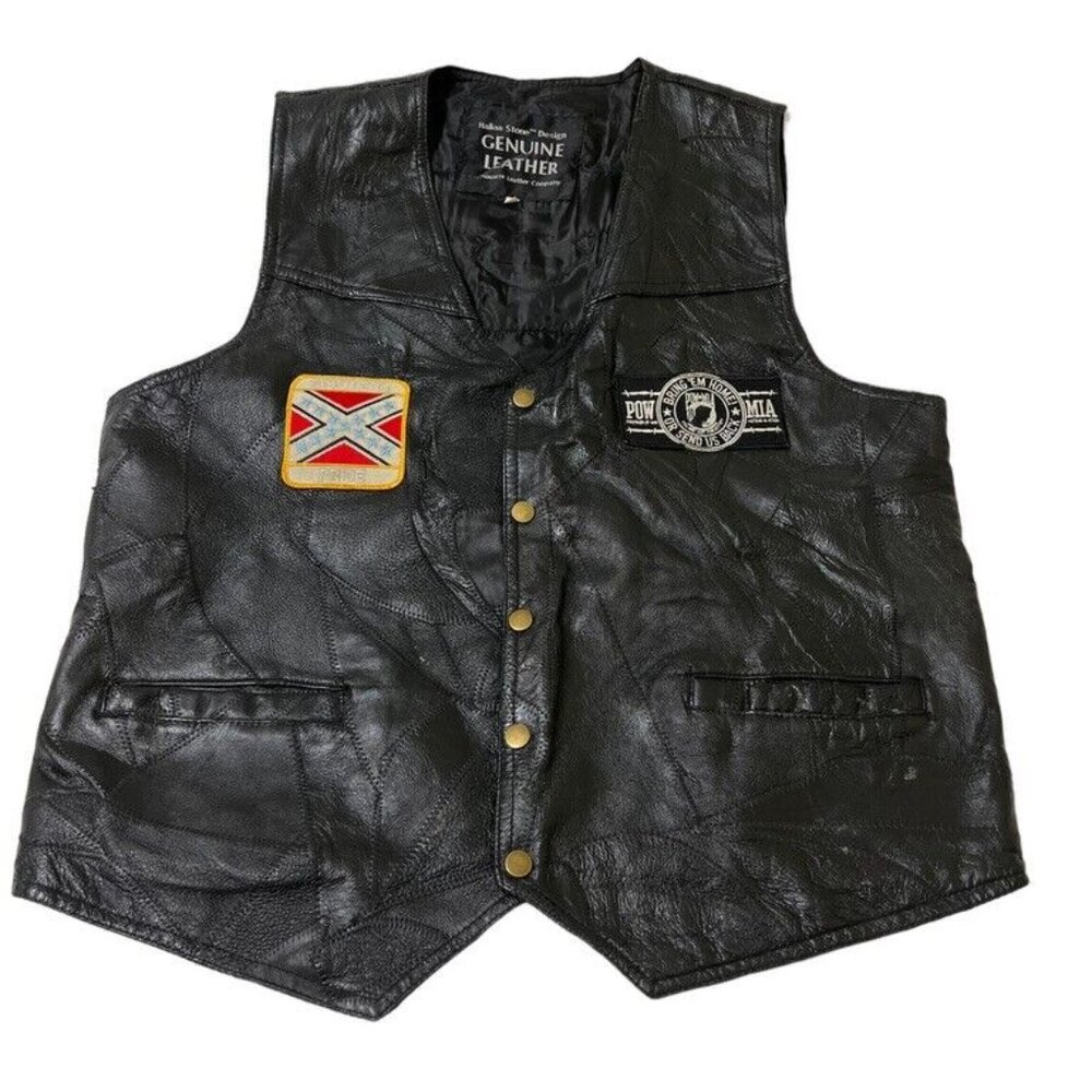 Navarre Italian Stone Biker Vest w/Patches Womens Size L Genuine Black Leather